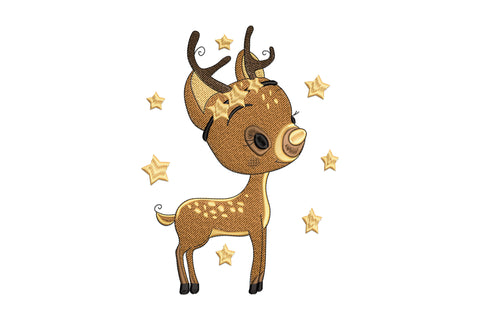 Cute baby deer embroidery, standing fawn with warm brown body, star-shaped spots and floating gold stars around it.
