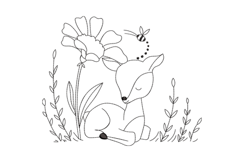 Baby deer outline embroidery showing resting fawn with wildflowers, grass sprigs and a small bee, single colour fine line.