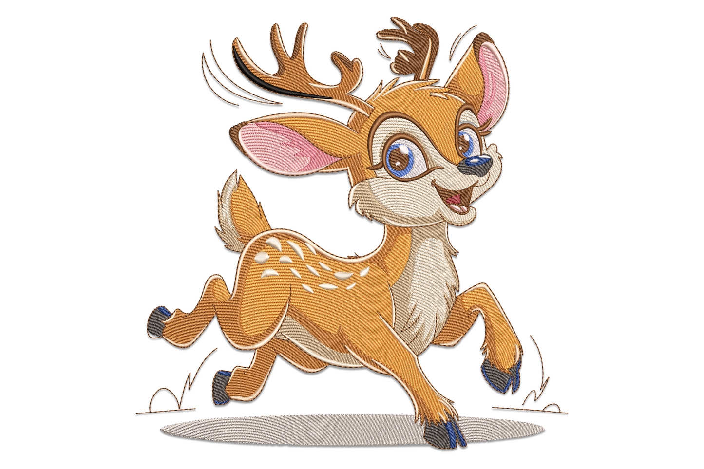 Machine embroidery design of a baby fawn with white spots and oversized eyes in caramel, cream, and sage green tones on white background.