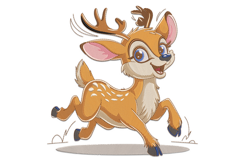 Machine embroidery design of a baby fawn with white spots and oversized eyes in caramel, cream, and sage green tones on white background.