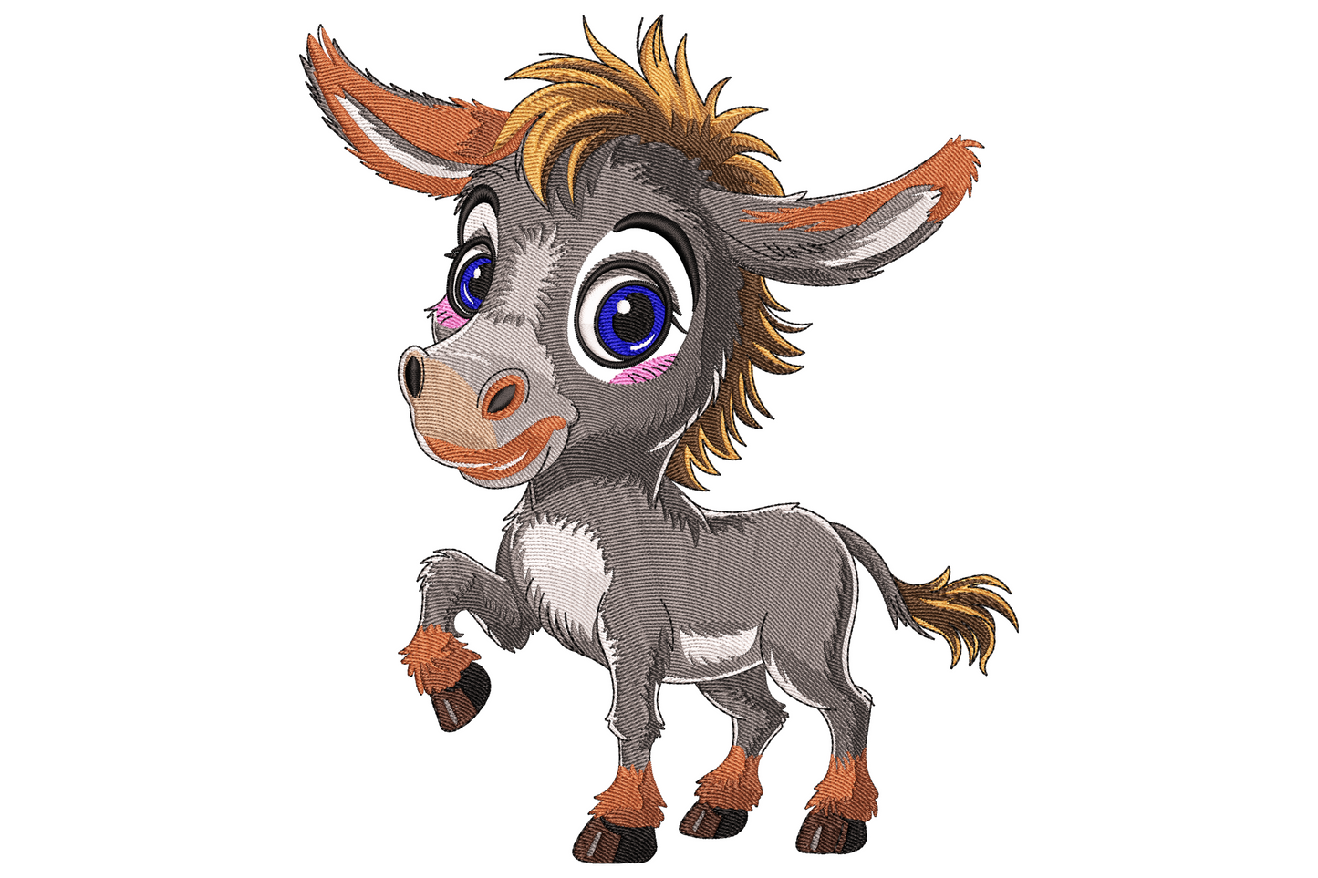 Chibi cartoon baby donkey with oversized blue sparkle eyes, ginger brown mane, pink blush cheeks and soft grey body.