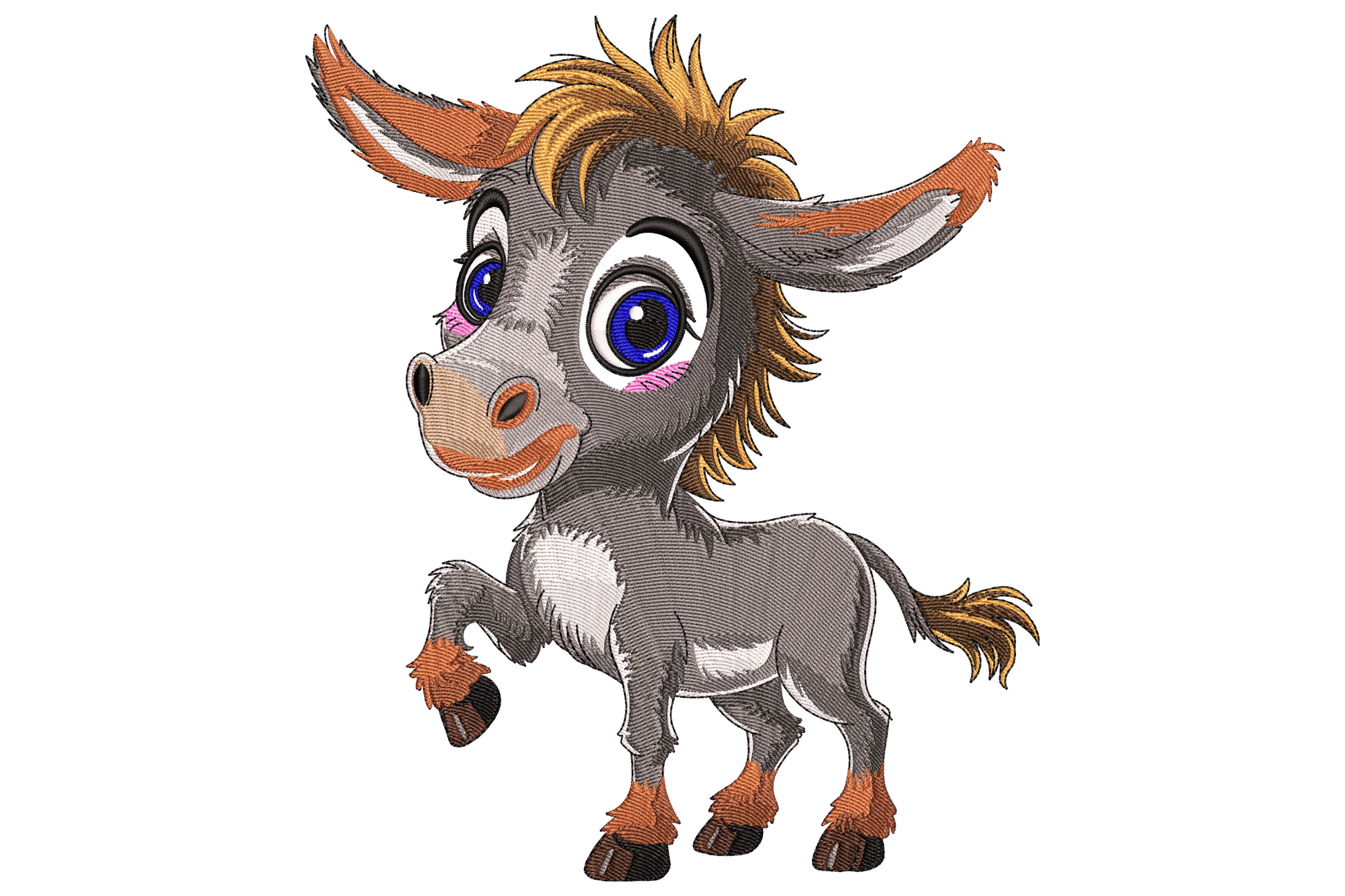 Chibi cartoon baby donkey with oversized blue sparkle eyes, ginger brown mane, pink blush cheeks and soft grey body.