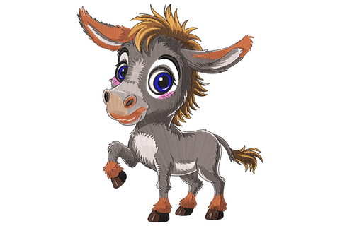 Chibi cartoon baby donkey with oversized blue sparkle eyes, ginger brown mane, pink blush cheeks and soft grey body.