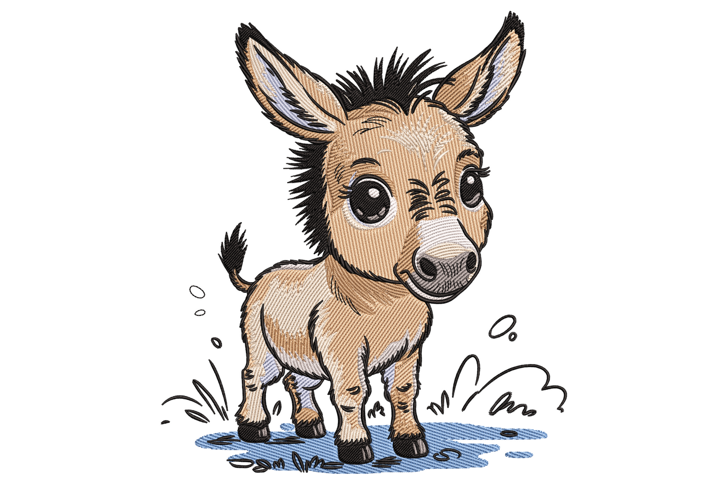 Cute baby donkey machine embroidery design showing a cartoon donkey with grey coat, white muzzle, and dorsal stripe on white background, farm nursery theme.