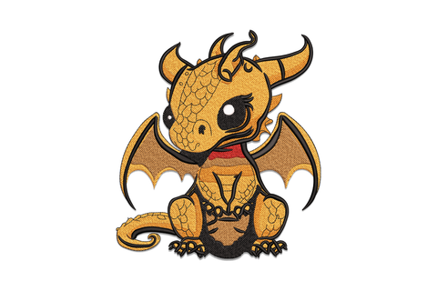 Cute baby dragon embroidery design with chubby body, stubby wings, big eyes, and 6-colour cartoon character fill, 5 sizes from 3.51 to 7.51 inches wide