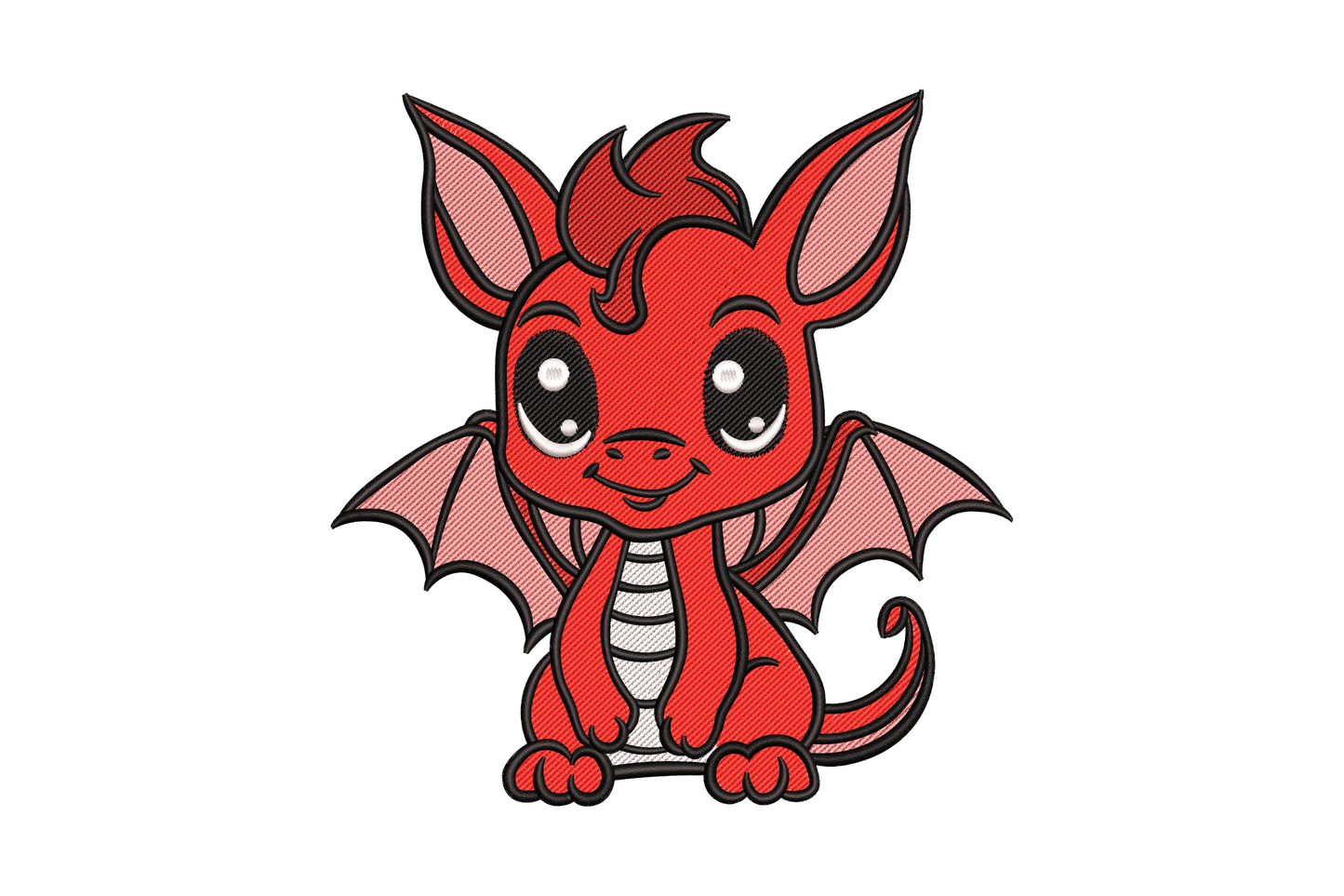 Chibi baby dragon sitting upright with tucked wings, oversized teardrop eyes, tiny horns and curled tail in soft red and deep crimson