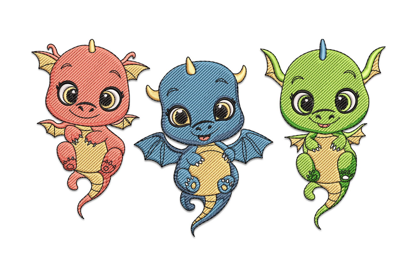Three chibi baby dragons embroidery design in orange, blue and green, side by side on white background.