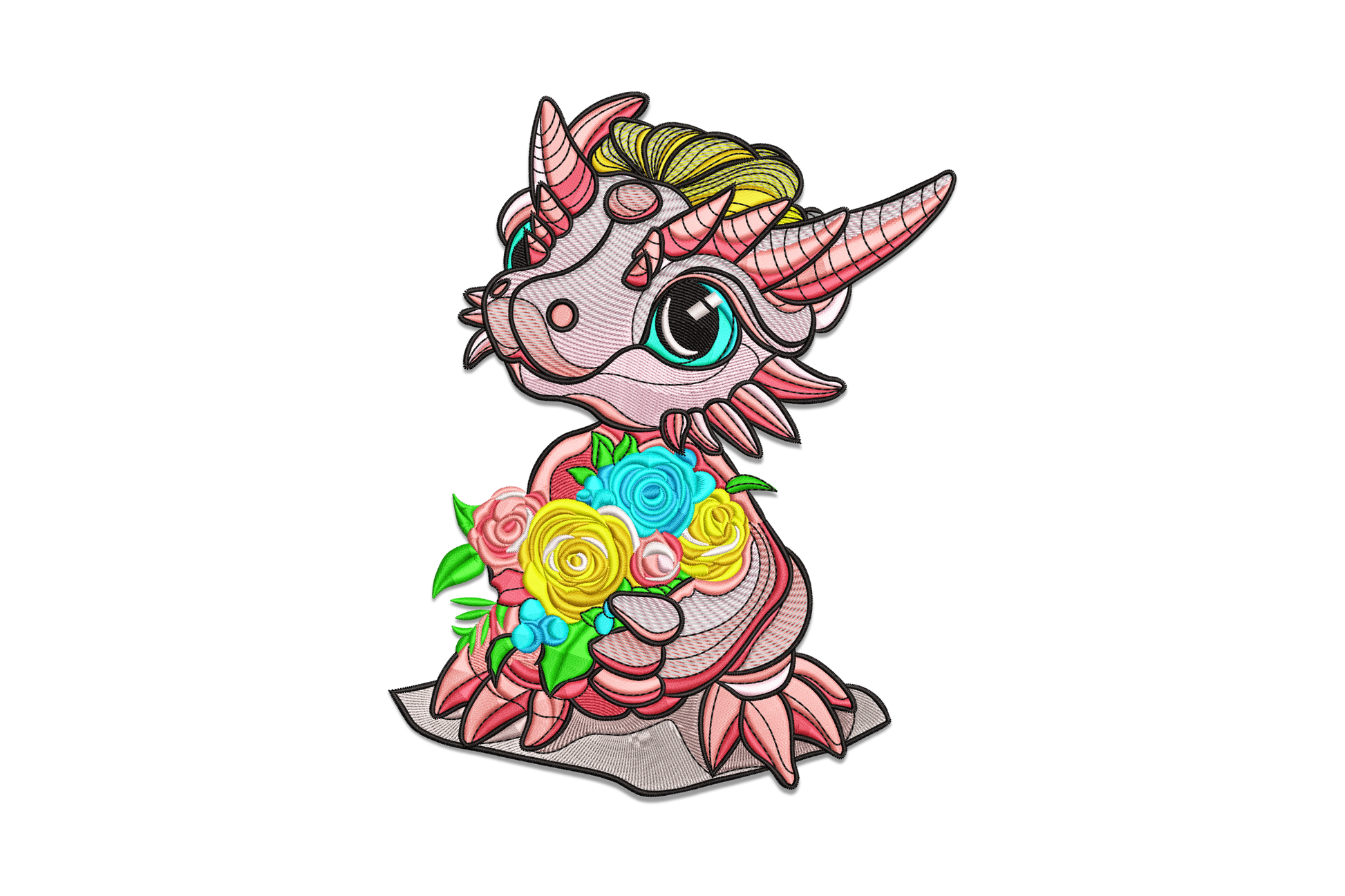 Cute baby dragon with flowers embroidery design showing a chibi pink dragon with teal eyes holding a colourful rose bouquet.