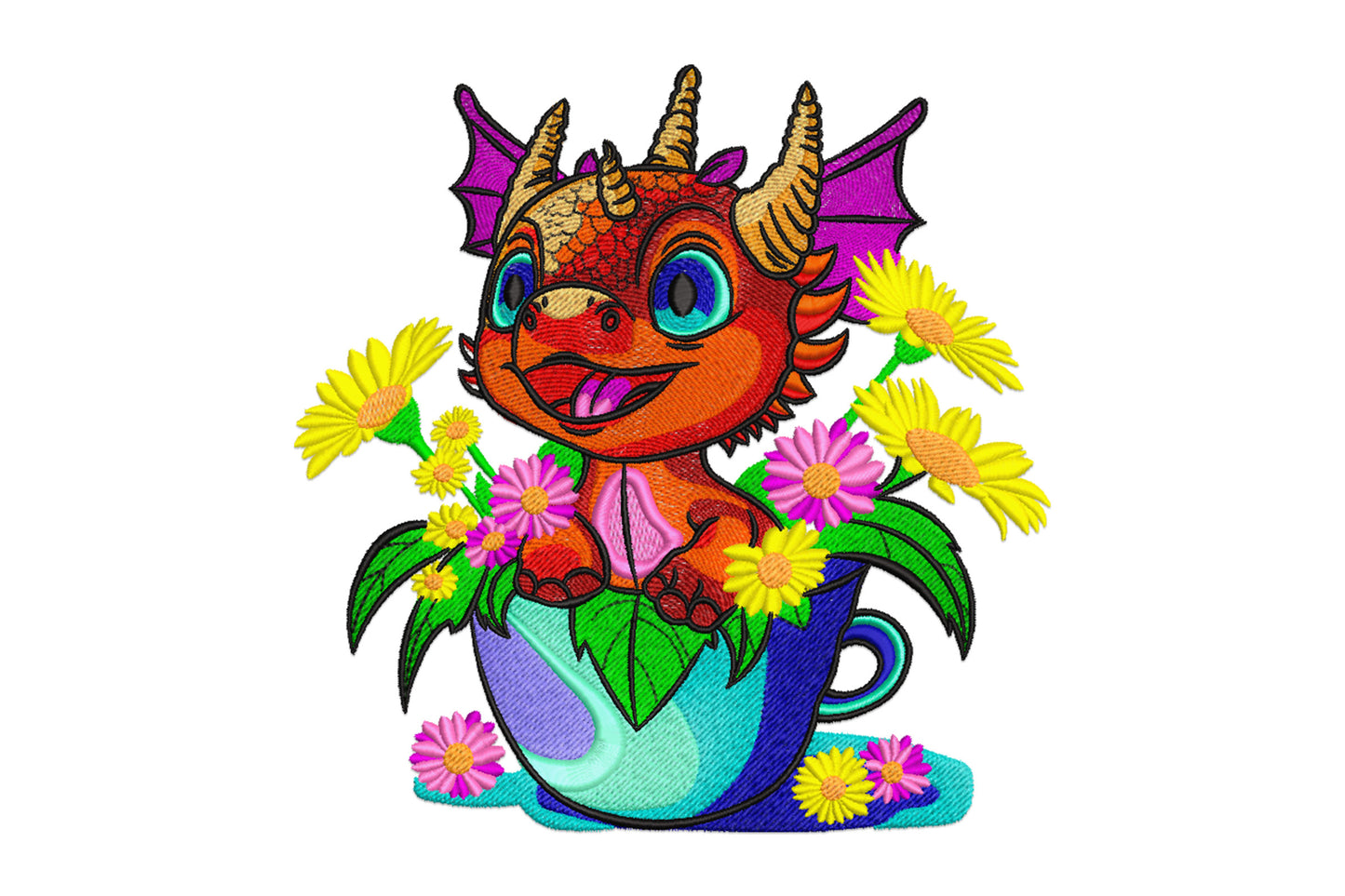 Baby dragon flower pot embroidery, red scaly dragon with purple wings in teal pot surrounded by yellow and pink flowers.