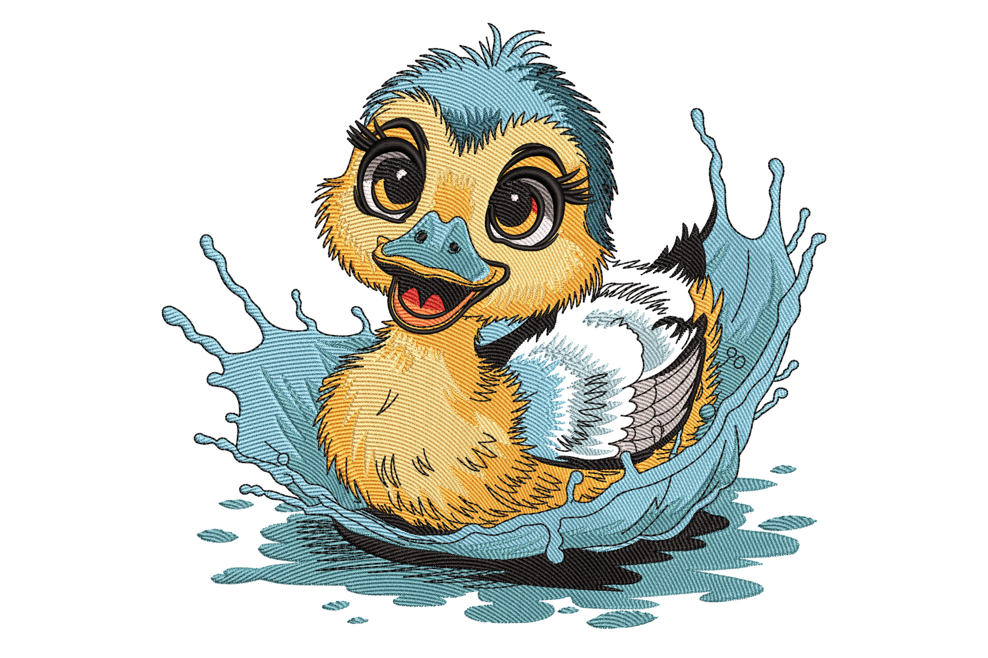 Cute baby duckling embroidery in a blue water splash, golden yellow fluffy body, blue-grey crown tuft, big amber eyes, small open orange beak.