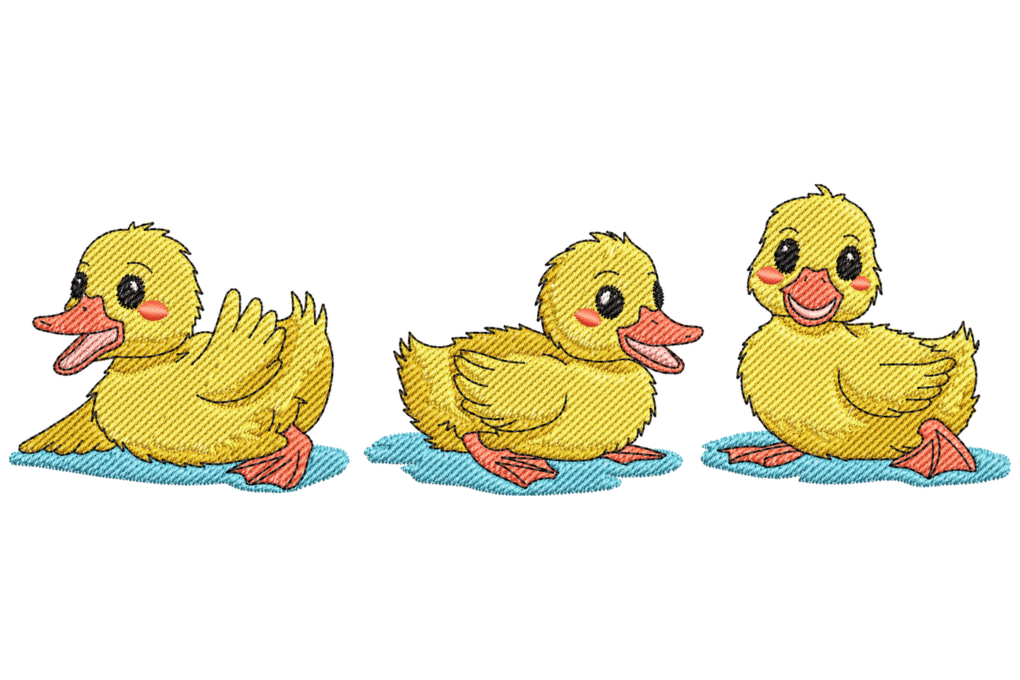 Cute baby duck trio embroidery with three fluffy yellow ducklings standing on small blue water puddles, pink cheeks and orange beaks.