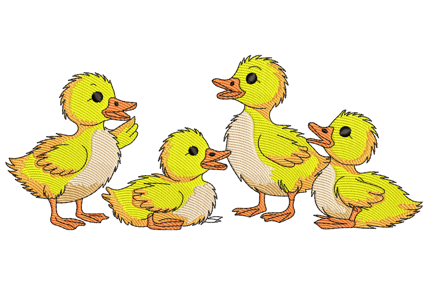 Cute baby ducklings embroidery design with four fluffy yellow ducklings in different poses, orange beaks and feet, soft cream belly shading.