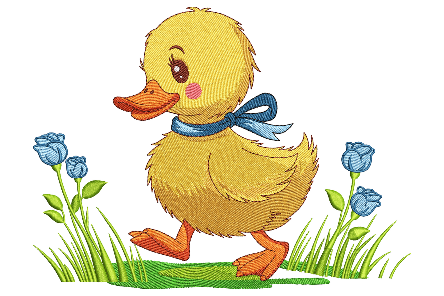 Baby duck embroidery design, fluffy yellow duckling with blue bow and tulip flowers in a garden, soft nursery cartoon style.