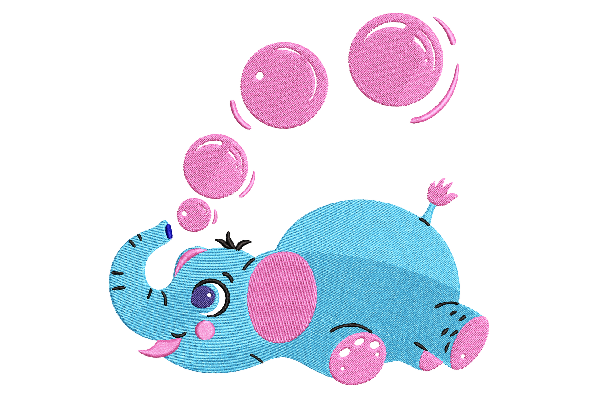Cute baby elephant embroidery design, sky blue kawaii elephant lying down blowing four pink soap bubbles, sparkle eye detail.