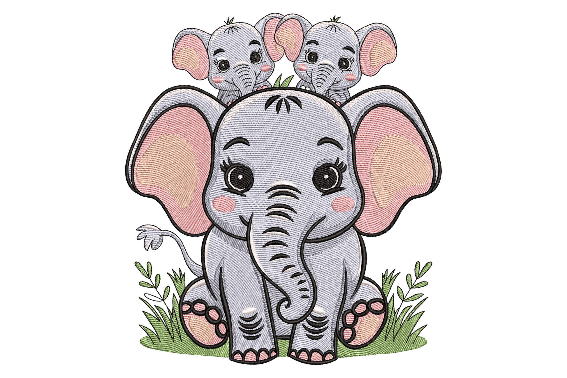 Baby elephant family cartoon machine embroidery design, mama with two calves, 7 colors, nursery nursery theme