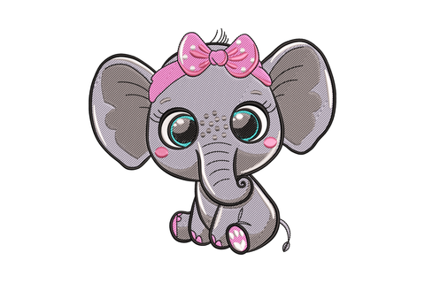 Baby girl elephant embroidery design, seated front-facing with oversized teal eyes, pink polka-dot bow headband, grey satin fill body and curled trunk tip.