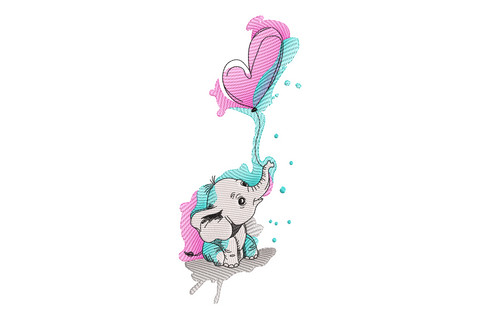 Baby elephant heart balloon embroidery design, pink aqua nursery style, 9 sizes for onesies and bibs