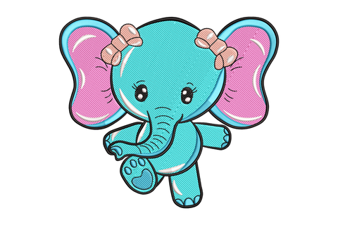Baby elephant embroidery design in aqua-teal with hot pink inner ears, two peach ear bows, sparkly eyes and arms outstretched in a running pose.