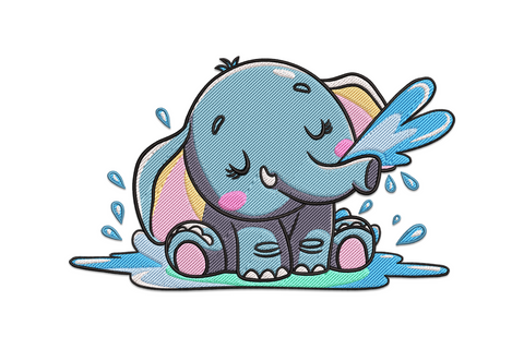 Baby elephant splashing water machine embroidery design, cartoon style, 11 colours, soft grey and blue palette, nursery theme