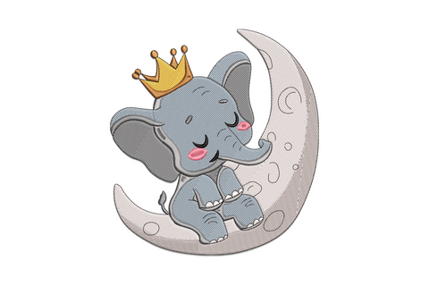 Baby elephant on crescent moon embroidery, sky blue elephant with gold crown and pink cheeks, soft nursery style, 5 sizes.