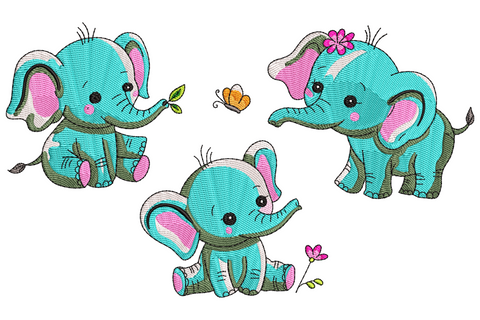 Baby elephants trio machine embroidery design showing three cartoon elephants in grey-blue walking in line on white background, nursery theme.