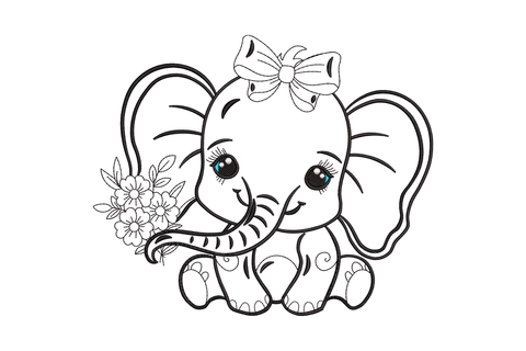 Baby elephant with bow embroidery design, chubby cartoon elephant with a large pink bow on its head, grey and pink colours.