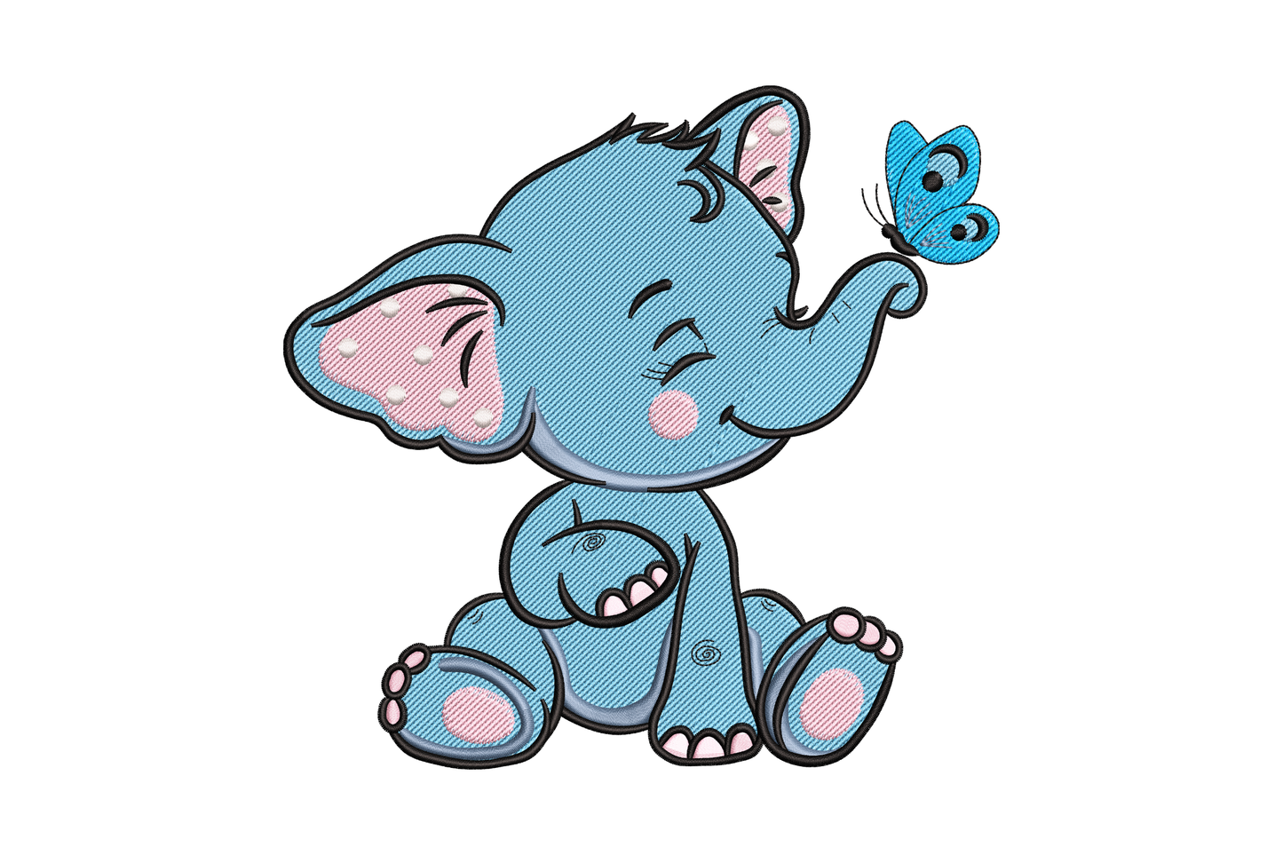 Chubby baby elephant sitting with trunk raised up and a small bright-blue butterfly perched on the trunk tip, pink blush cheeks, open laughing mouth, kawaii cartoon embroidery design.