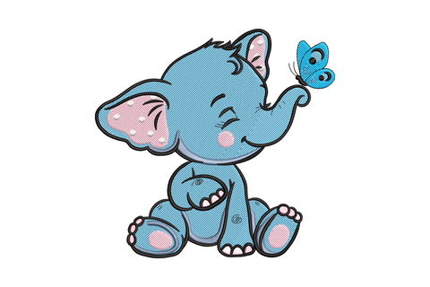 Chubby baby elephant sitting with trunk raised up and a small bright-blue butterfly perched on the trunk tip, pink blush cheeks, open laughing mouth, kawaii cartoon embroidery design.
