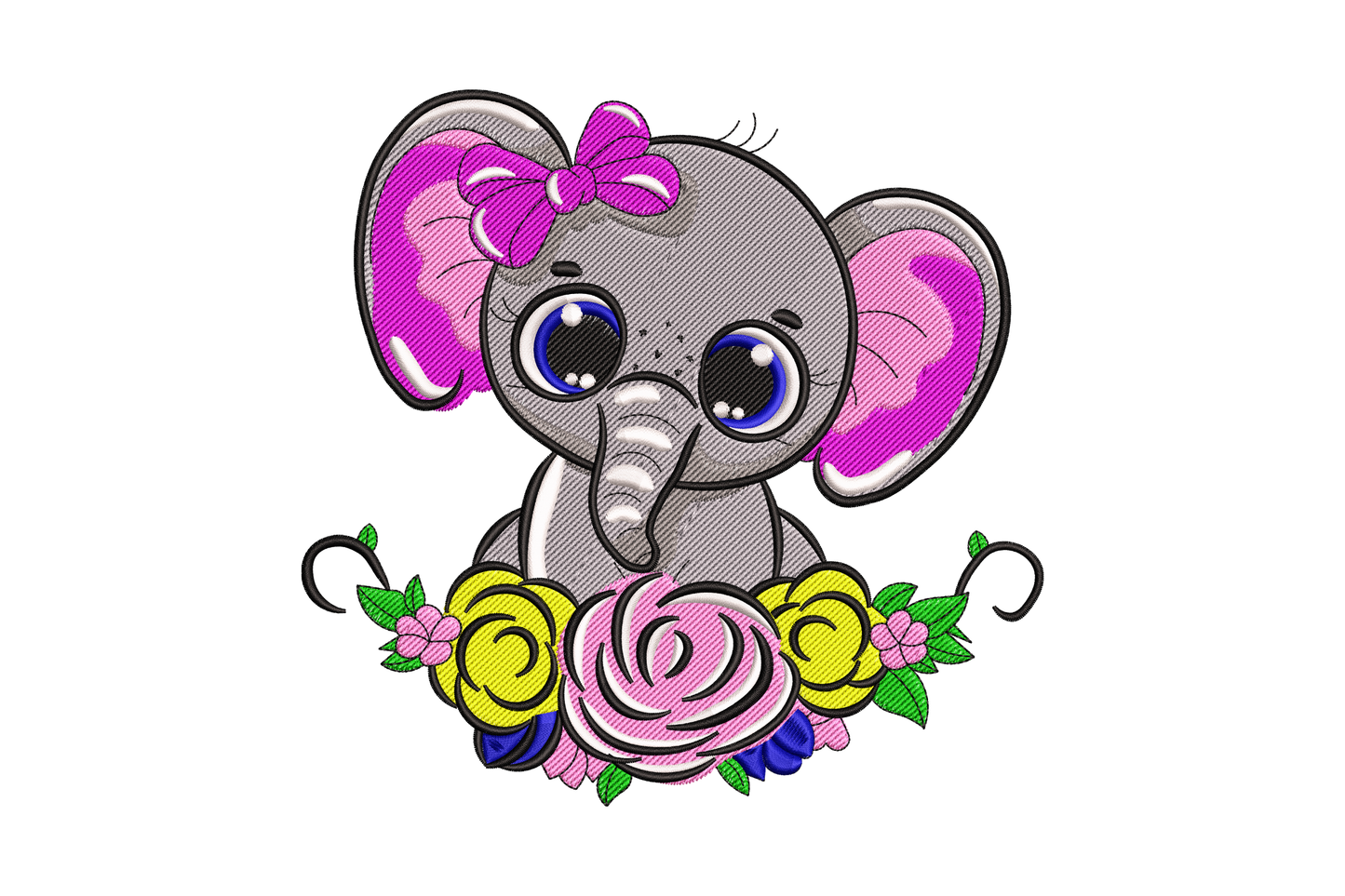 Small grey chibi elephant seated behind a rose garland with oversized dark blue eyes, pink bow on head, freckle dots, and flanking yellow and blue roses with green leaves, nursery embroidery design.