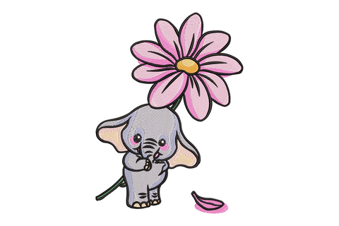 Baby elephant with flower embroidery, tiny grey cartoon elephant hugging a pink daisy, one fallen petal on the ground.
