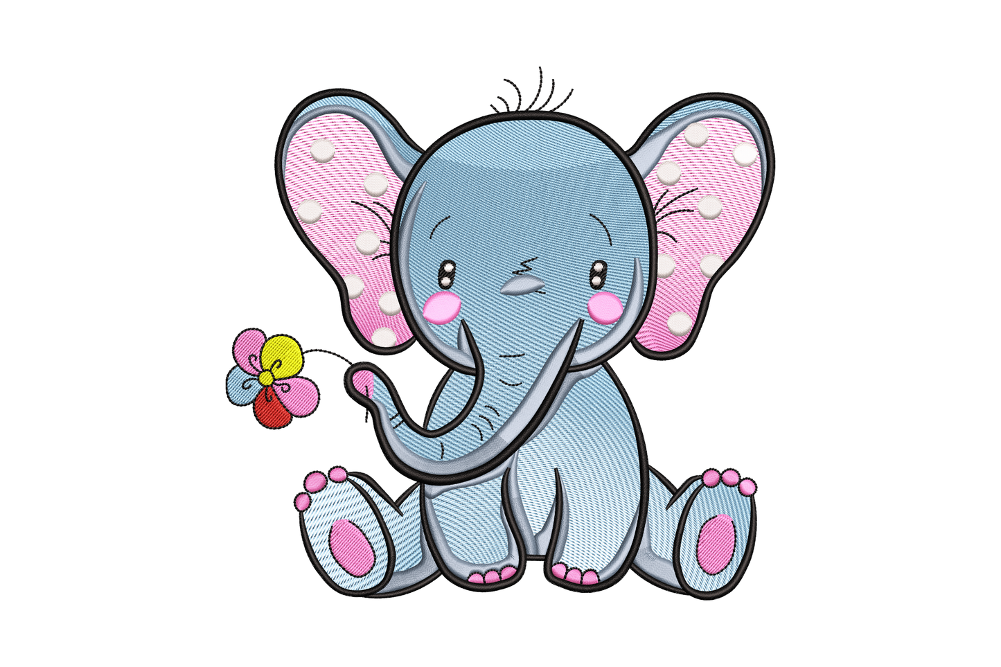 Seated baby elephant with large pink polka-dot ears, rosy blush cheeks, tiny hair sprout on head, holding a small multi-colour flower by the trunk tip, kawaii nursery embroidery design.