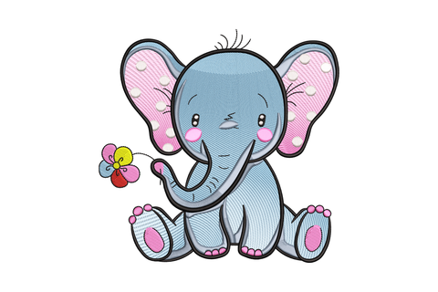 Seated baby elephant with large pink polka-dot ears, rosy blush cheeks, tiny hair sprout on head, holding a small multi-colour flower by the trunk tip, kawaii nursery embroidery design.