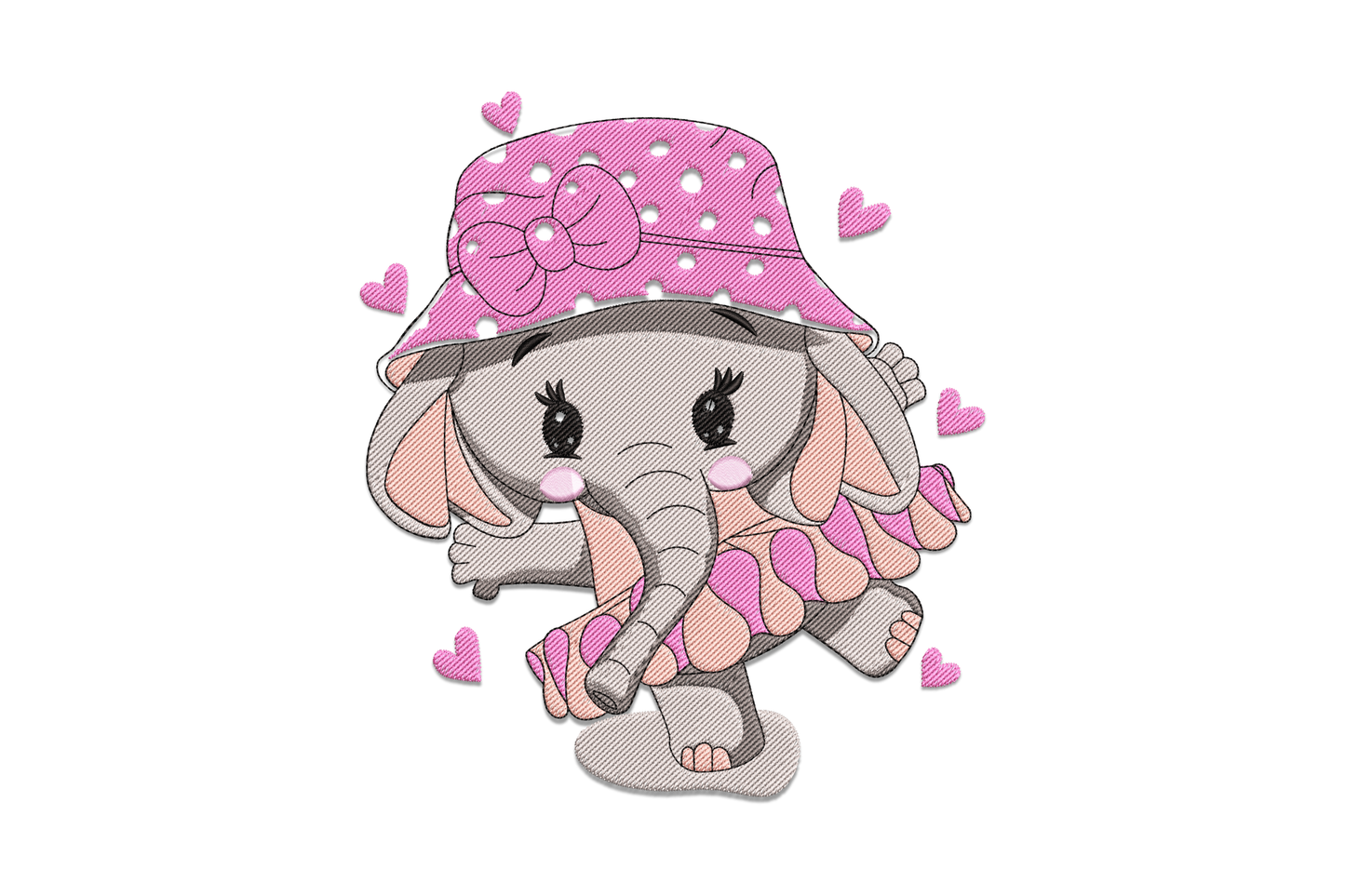 Baby elephant embroidery design with pink polka-dot hat and floating hearts, kawaii nursery style
