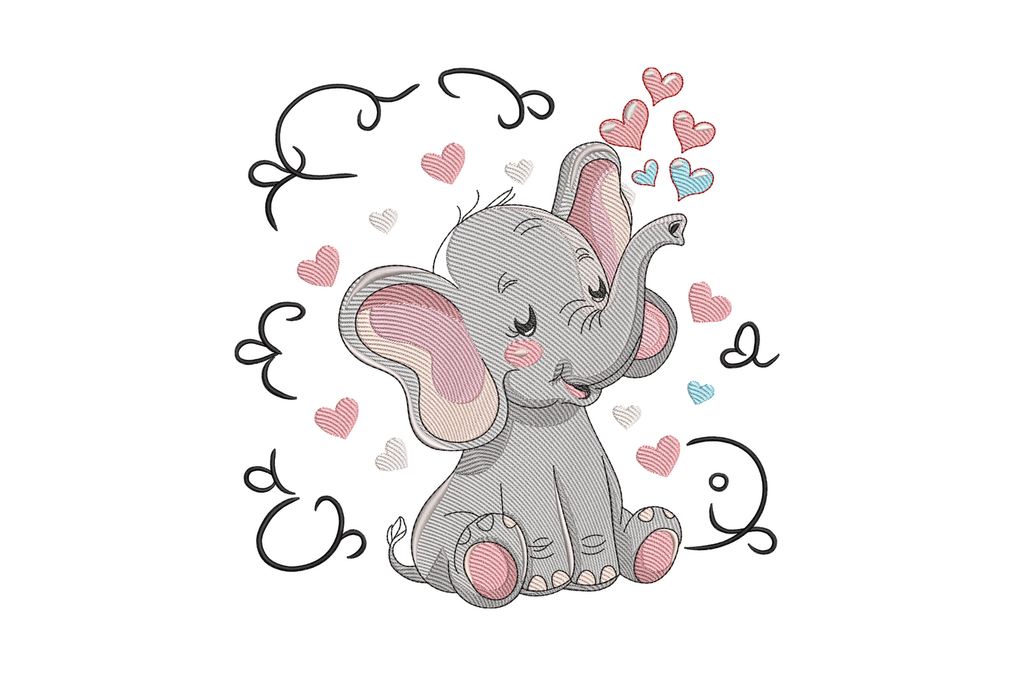 Baby elephant with hearts embroidery design, kawaii cartoon with colourful floating hearts, soft rounded nursery style