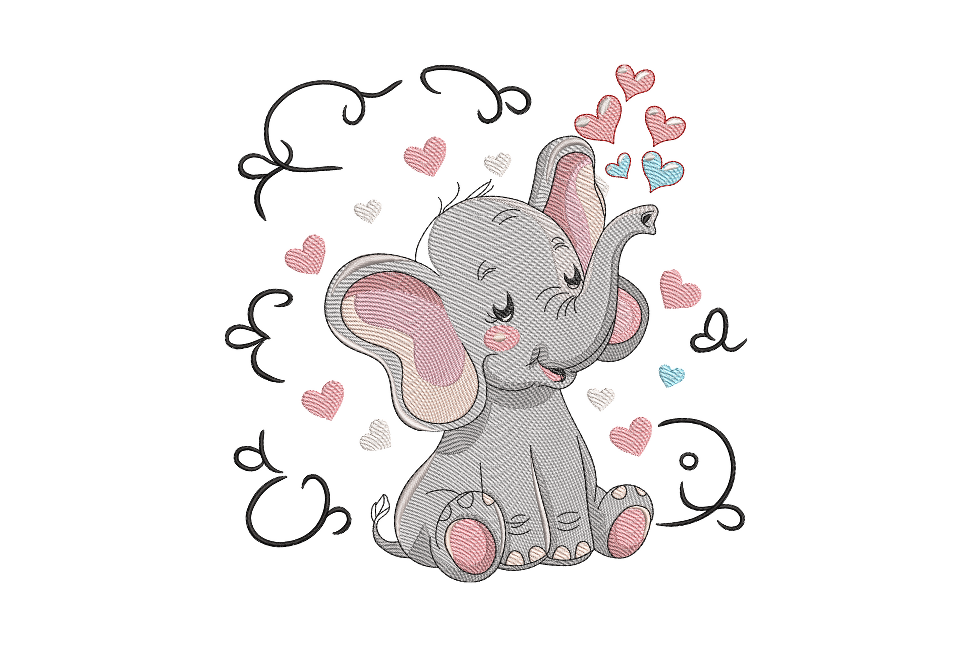 Baby elephant with hearts embroidery design, kawaii cartoon with colourful floating hearts, soft rounded nursery style