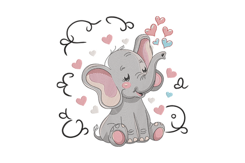 Baby elephant with hearts embroidery design, kawaii cartoon with colourful floating hearts, soft rounded nursery style