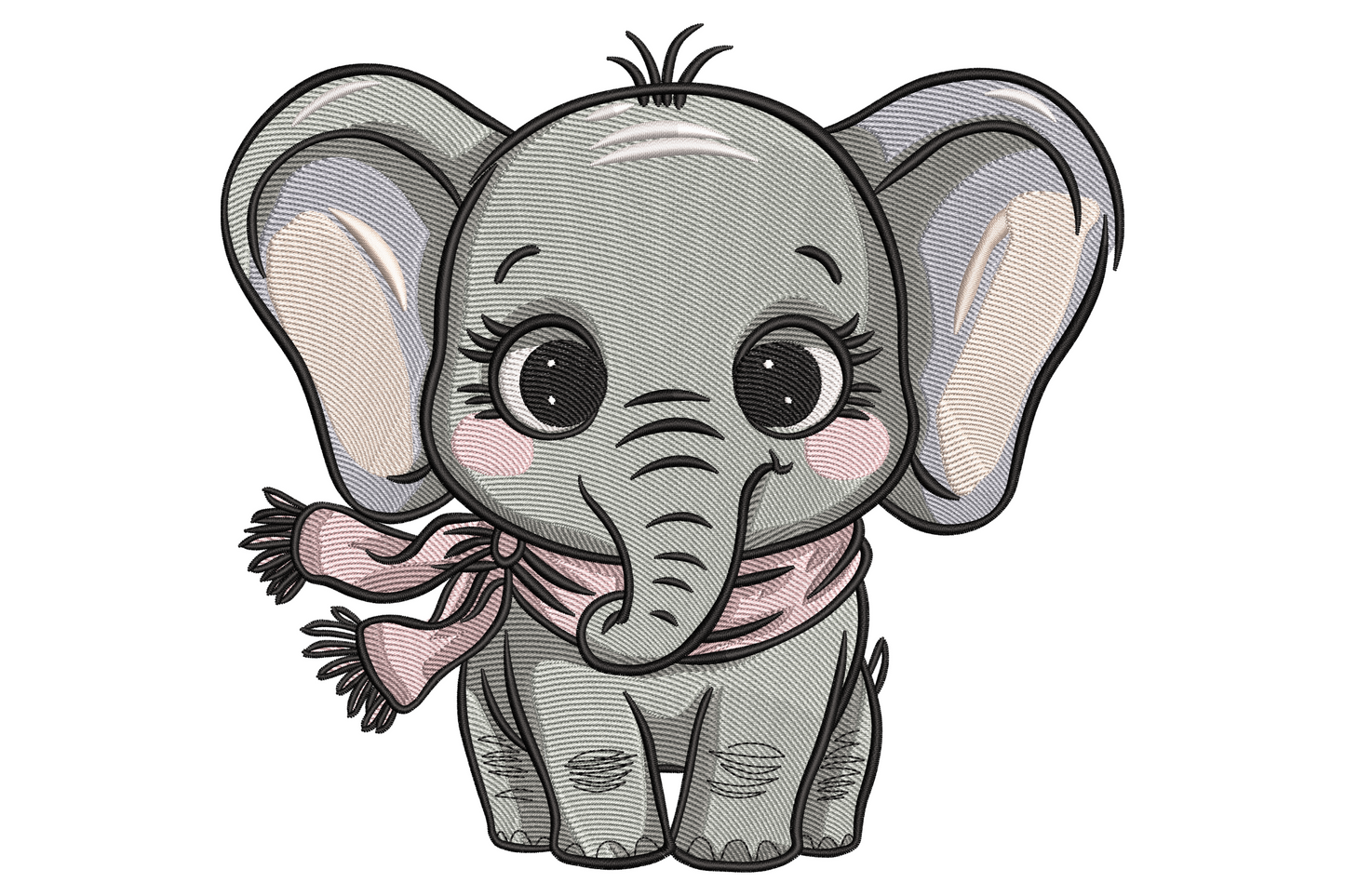 Machine embroidery design of a cartoon baby elephant with a pink tassel scarf in soft greys and pinks, eight colours
