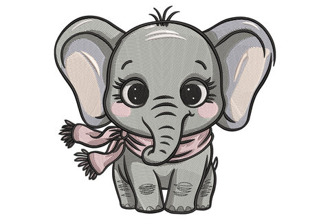 Machine embroidery design of a cartoon baby elephant with a pink tassel scarf in soft greys and pinks, eight colours