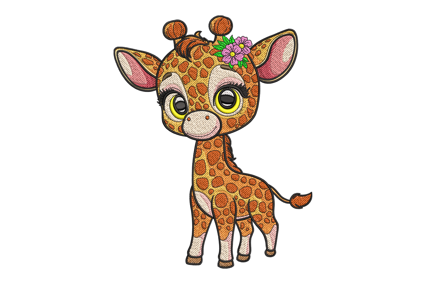 Kawaii baby giraffe embroidery design with oversized black eyes, long lashes, amber spot coat and a small pink flower crown