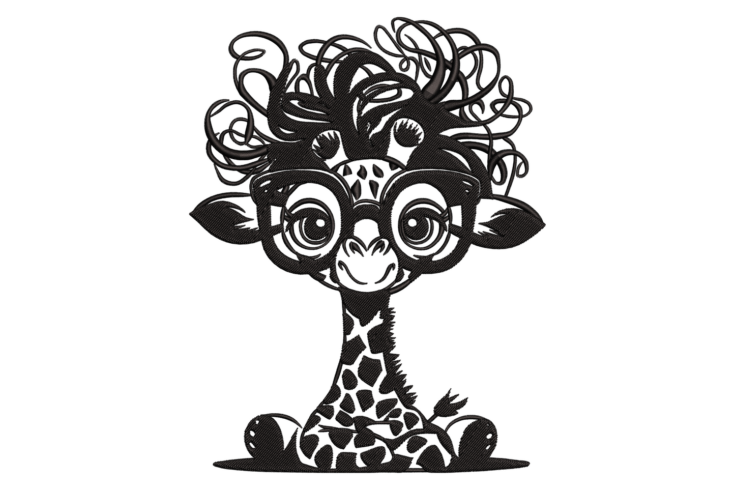 Cute baby giraffe embroidery design, black ink sketch of kawaii giraffe with huge curly hair and round glasses, single colour.