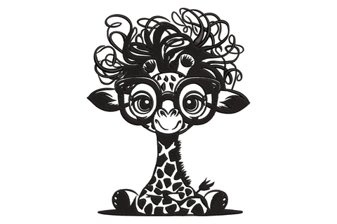 Cute baby giraffe embroidery design, black ink sketch of kawaii giraffe with huge curly hair and round glasses, single colour.