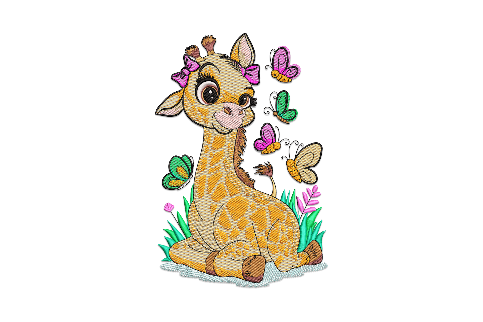 Cute baby giraffe embroidery design looking up at butterflies, kawaii cartoon style with golden yellow patches and pastel lavender butterfly wings