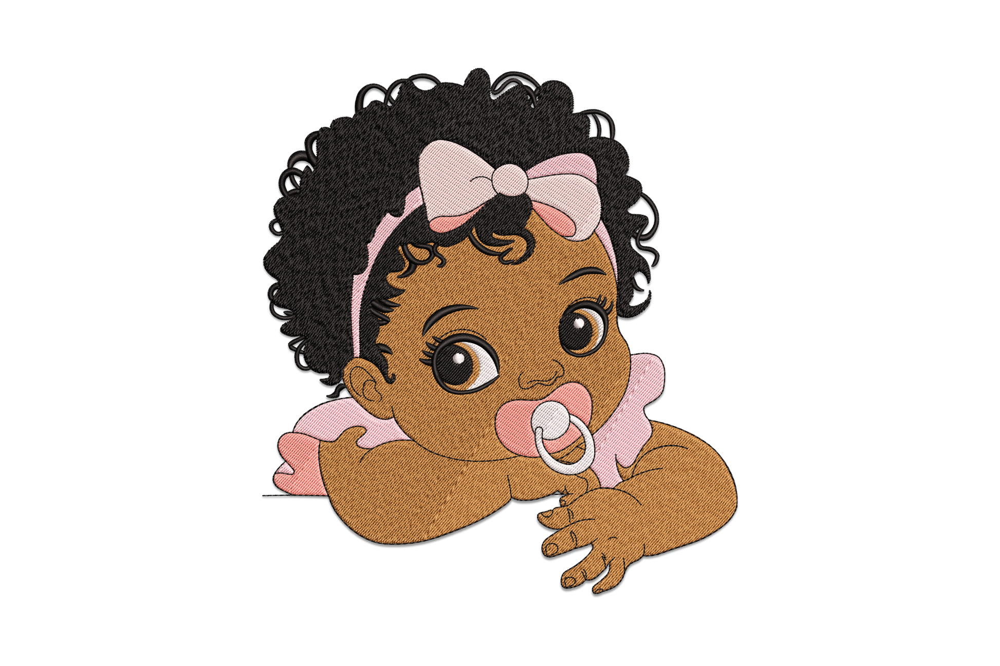 Cute baby girl portrait embroidery with big lashed eyes, blush cheeks, hair bow and 6 thread colours on soft white cotton fabric