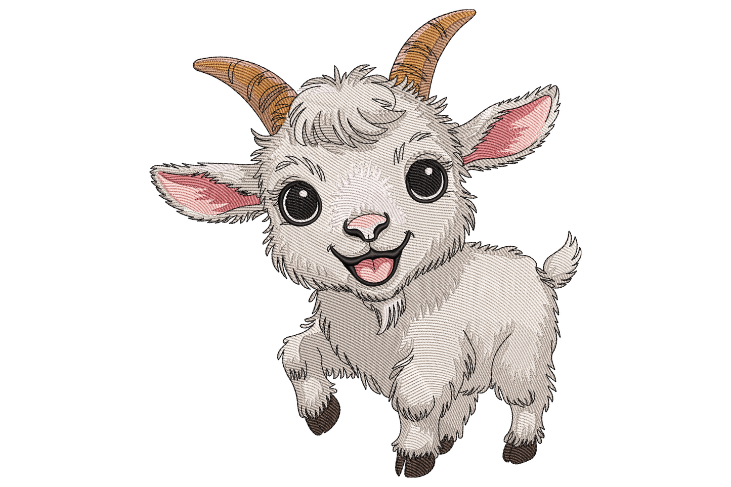 Cute fluffy baby goat kid embroidery design with cream fur, two short curved tan horns and a cheeky open-mouth bleat showing pink tongue.