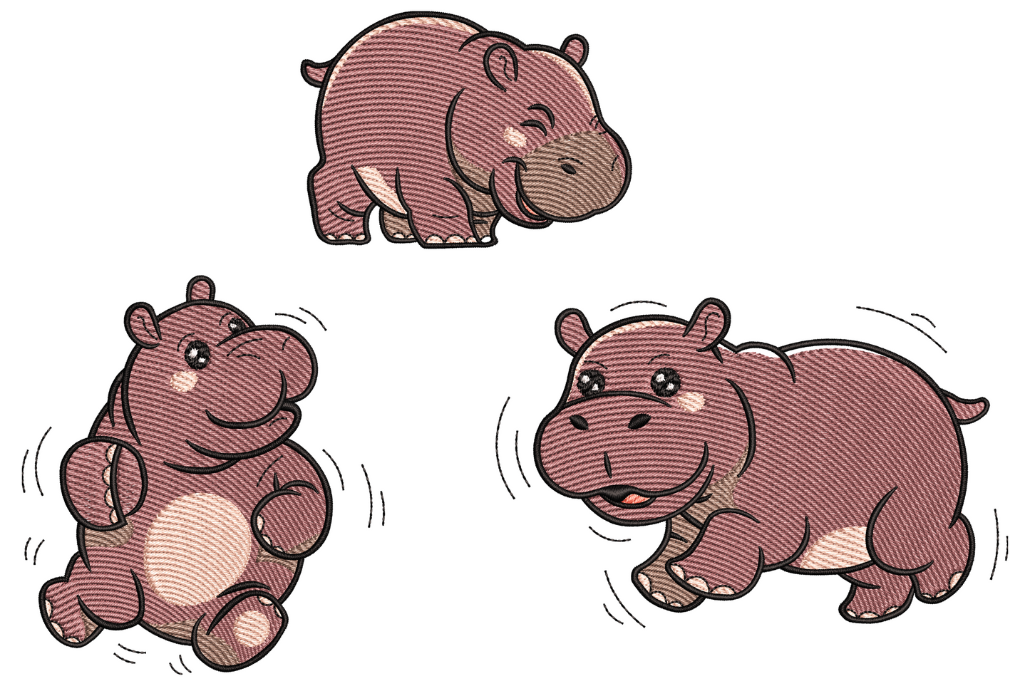 Three baby hippo embroidery designs in dusty mauve and cream: walking profile, sitting upright and mid-trot with motion lines, cartoon style.