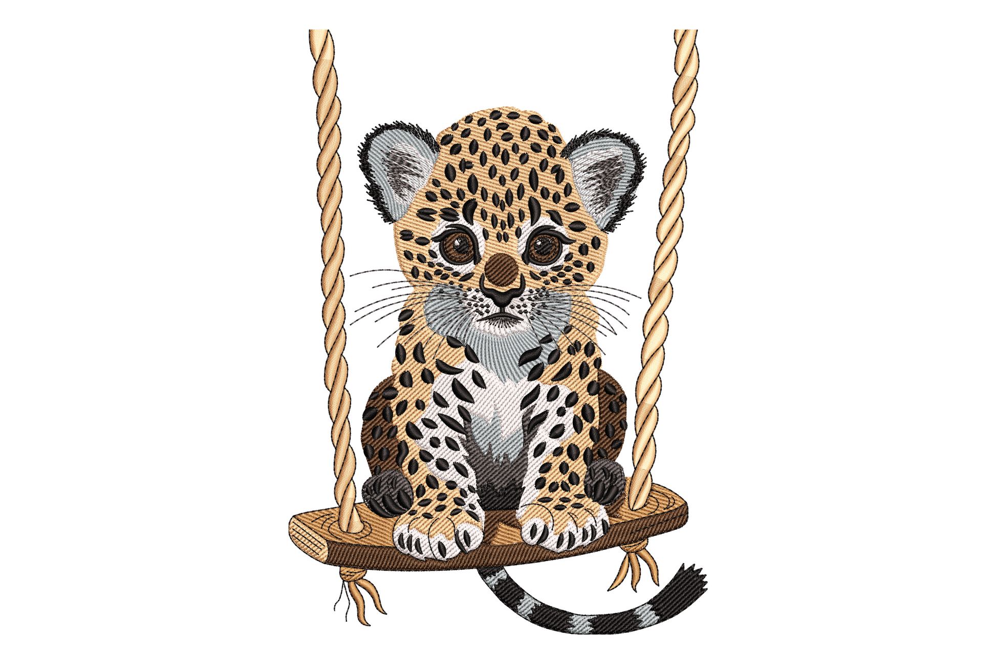 Baby leopard cub sitting on a rope swing embroidery design, golden tan with black spots, white chest, brown wooden seat and thick twisted cream rope.