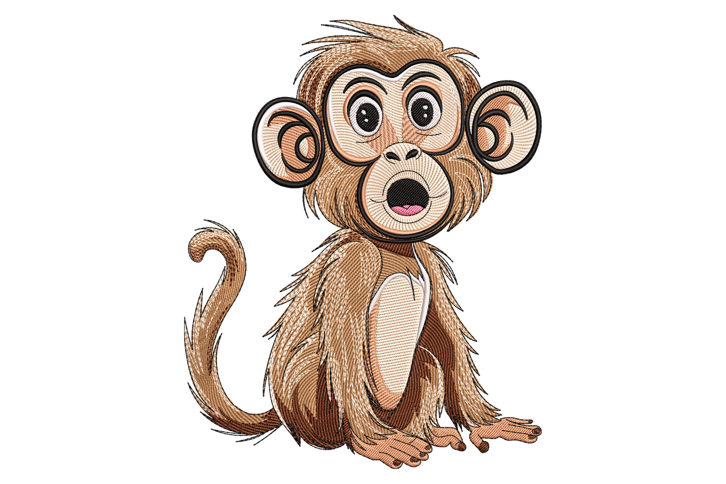 Baby monkey embroidery design sitting upright with oversized round eyes, open mouth, rose-pink belly and curled fluffy tail in warm browns and cream.