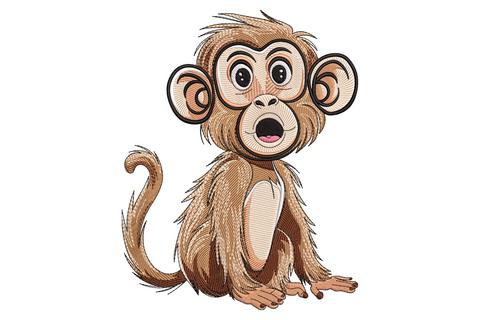 Baby monkey embroidery design sitting upright with oversized round eyes, open mouth, rose-pink belly and curled fluffy tail in warm browns and cream.