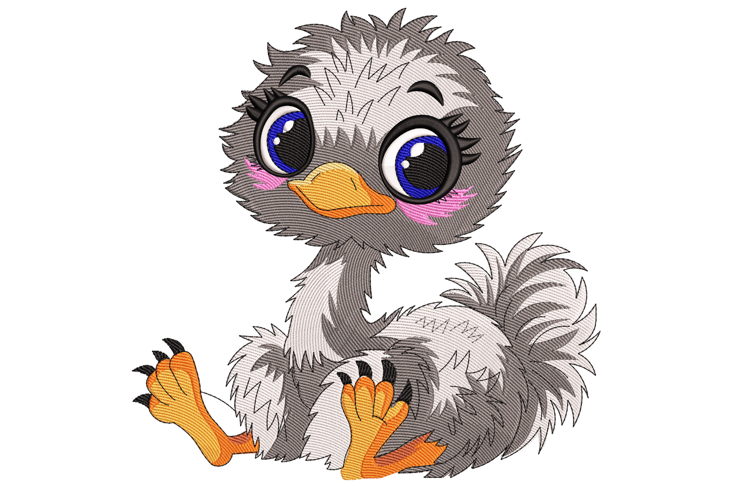 Baby ostrich chick embroidery, sitting pose with orange feet in front, big blue eyes, fluffy grey feathers, pink cheek blush