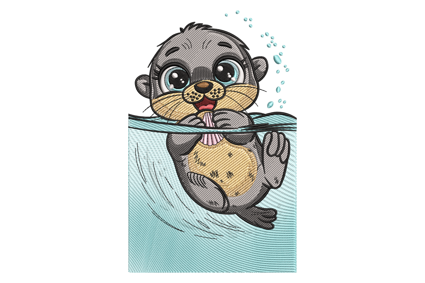 Baby otter pocket embroidery design on cream tee, cartoon otter floating in pale blue water with grey fur and big round eyes.